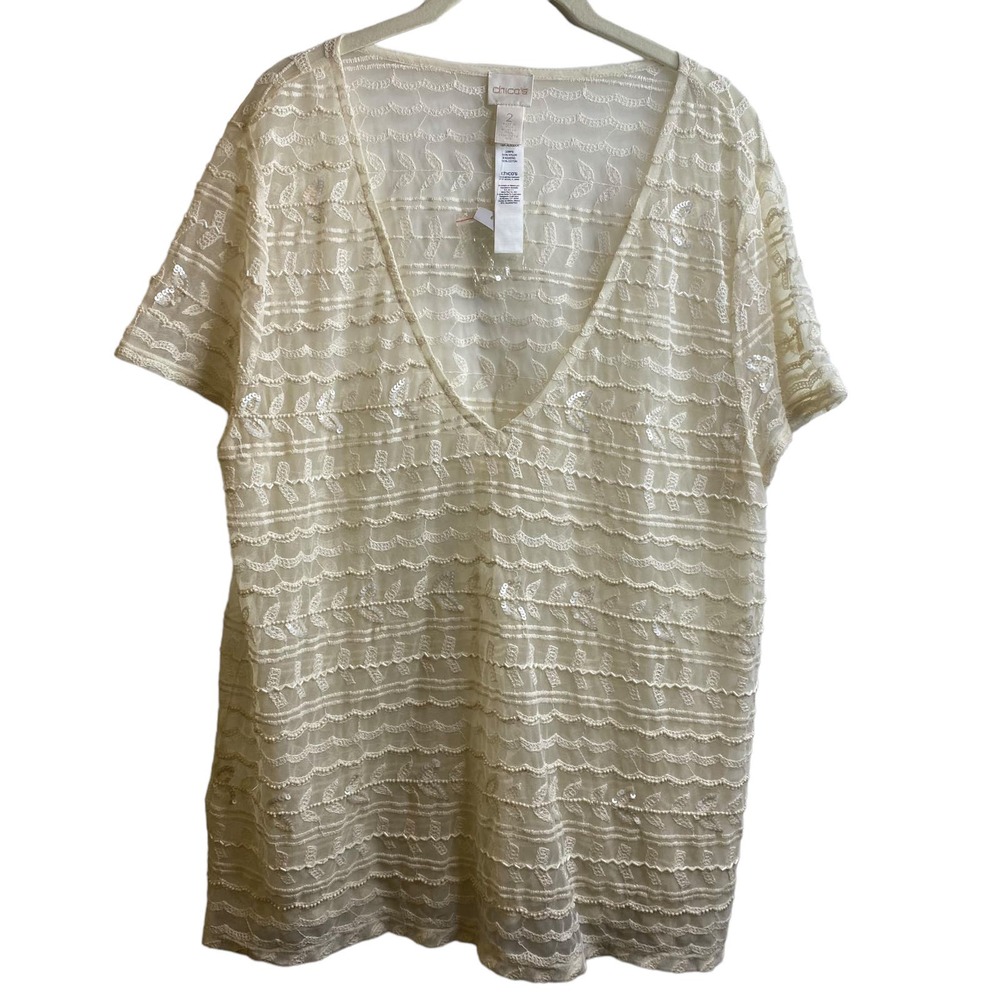 Chico’s NWT Sheer Embroidered Beaded Cream V-Neck Blouse Womens Large